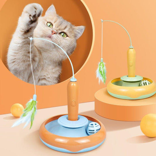 Interactive self-play cat turntable toy with feather attachment