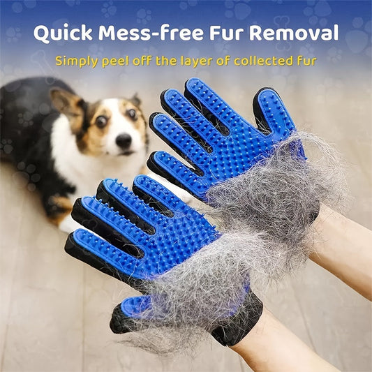 Pet grooming gloves used as part of a dog coat-care routine