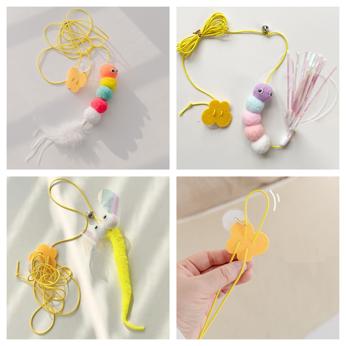 Cat wand toy — caterpillar, chick and mouse designs
