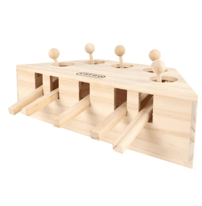 Wooden cat puzzle — close-up of ball and paw hole detail