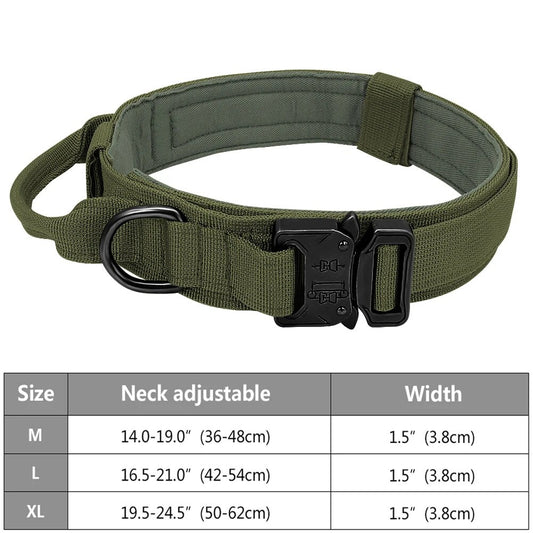 Tactical dog collar in Army Green — heavy-duty nylon with handle