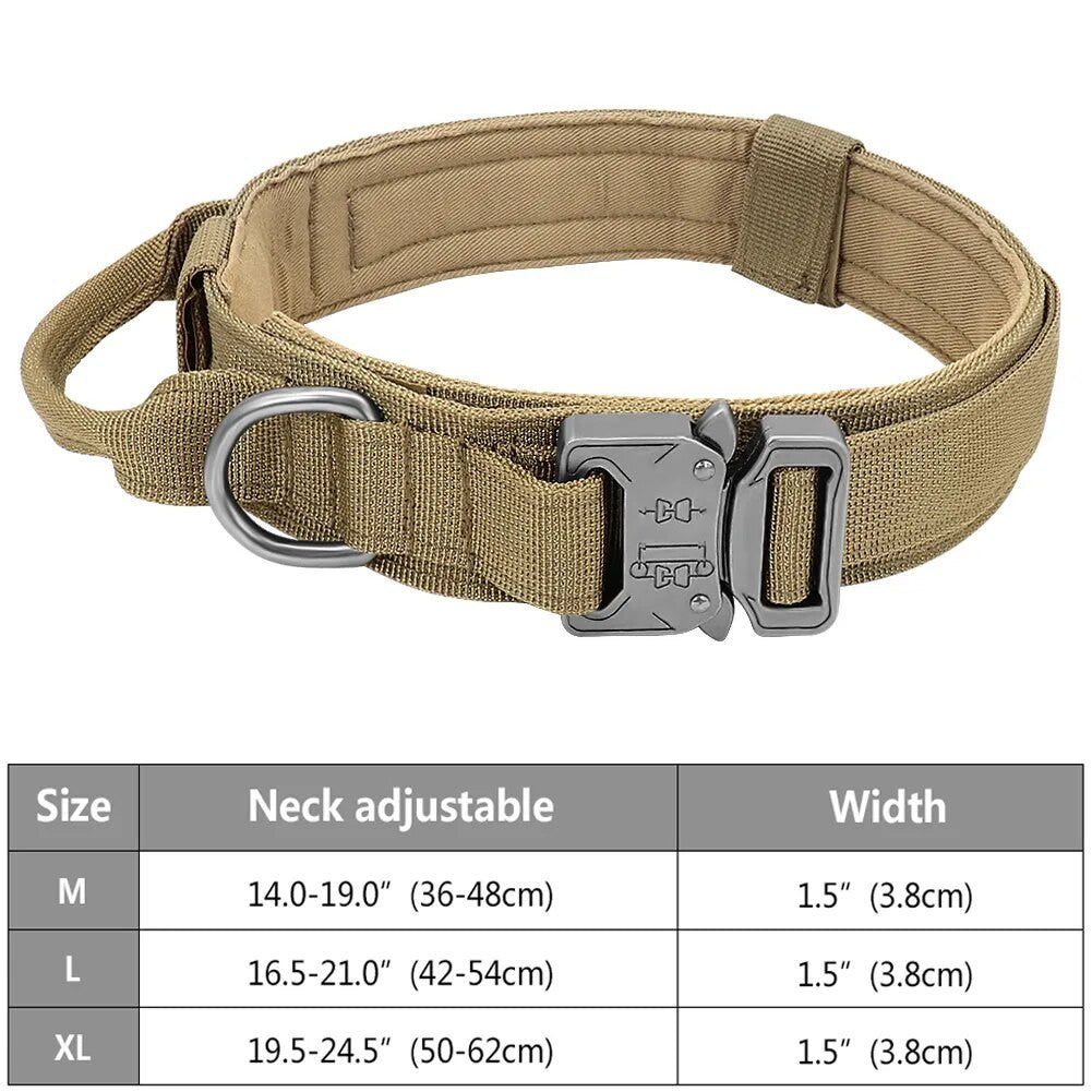 Tactical dog collar in Khaki — padded nylon with integrated handle